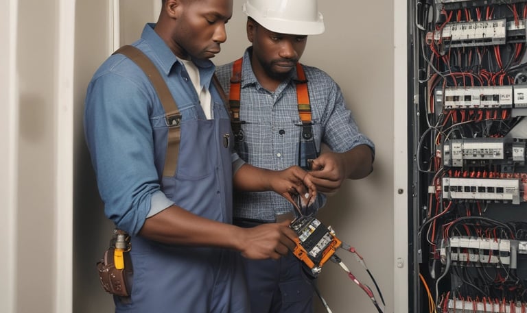 A person is working in an industrial setting, wearing a blue shirt with orange lettering on the back. There are multiple pipes and tubes connected to machinery. The room features industrial equipment like control panels with digital displays and a yellow caution sign. The walls are lined and there's a window draped with fabric.