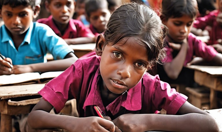 Several individuals are gathered in an outdoor setting, with many of them seated on the ground alongside bags and containers of supplies, likely food aid. The people are dressed in cultural attire, and there is a visible stone wall in the background dividing the scene.