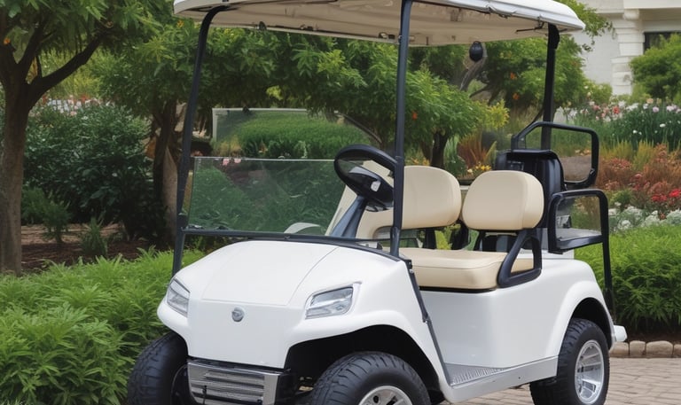 A lineup of sleek electric cars on a green golf course.