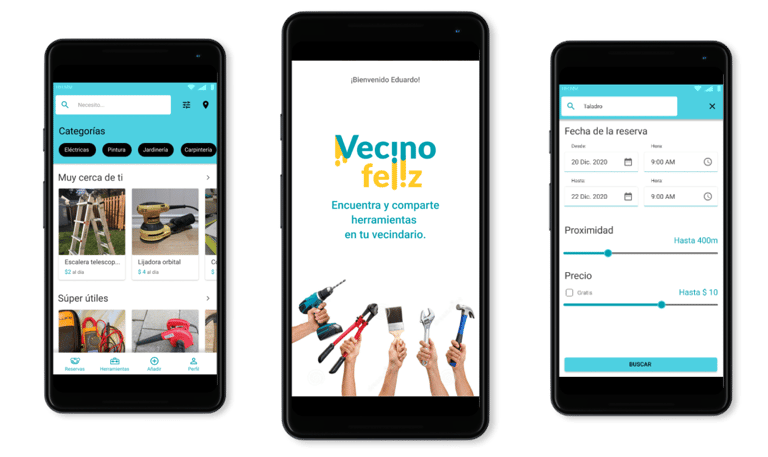Three user interfaces from the Vecino Feiz app case study.