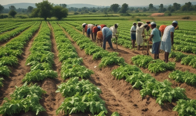 Aerial view of a field where people are engaged in agricultural activities. There are patches of grass arranged in an orderly manner and several individuals are scattered across the field. The surrounding area is lush green, indicating healthy vegetation.