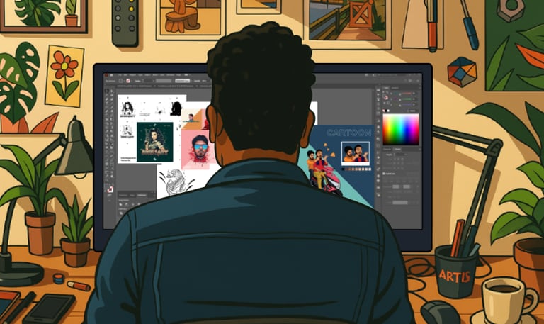 Man illustrating a colorful character design on a digital drawing tablet