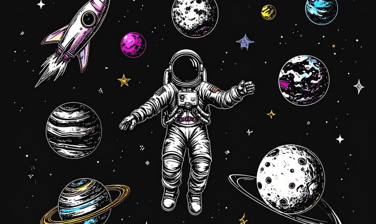 spaceman in deep space surrounded by planets, stars and rockets