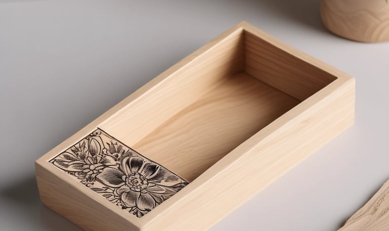 Handcrafted wooden memory box with a custom monogrammed letter M engraved on the front.