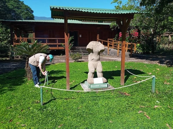 a man is standing in the grass near a statue