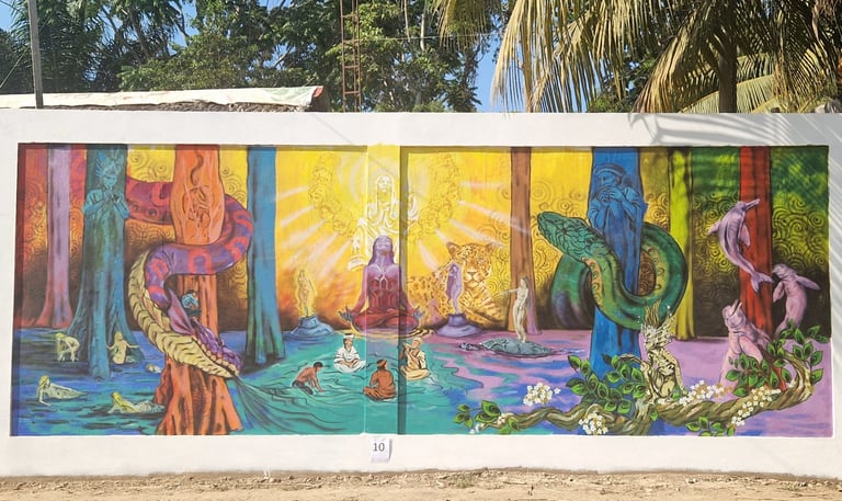 Vibrant spiritual mural featuring Amazonian ayahuasca symbolism, jaguars, and cosmic deities.