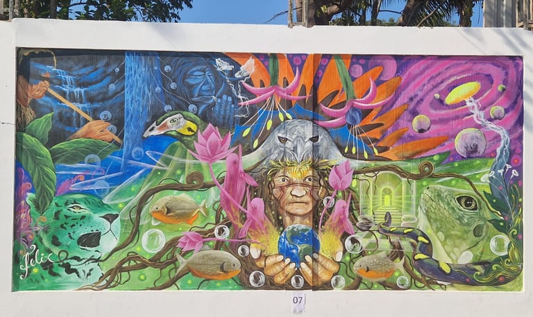 Vibrant jungle mural featuring Amazonian wildlife, indigenous figures, and nature symbolism.