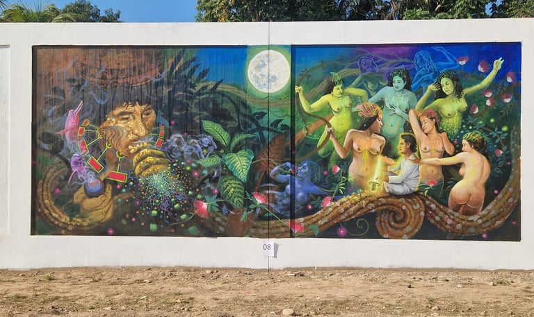 Surreal street art mural depicting shamanic rituals, celestial bodies, and mystical figures in a lush jungle.