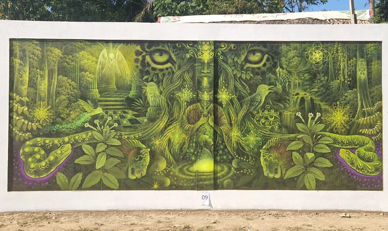 Visionary green jungle mural featuring a mystical shaman, ayahuasca vines, snakes, and forest spirits.