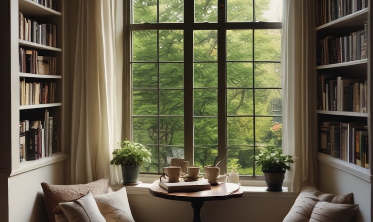 A sunlit reading nook with soft cushions, a knitted throw, and a vintage lamp casting a warm glow.