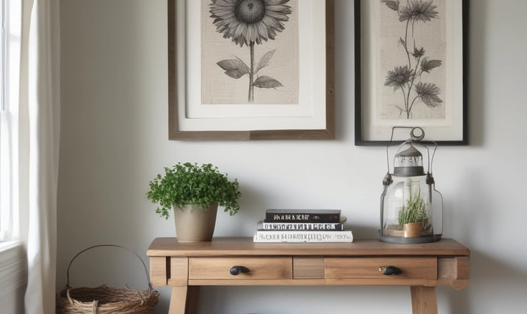 Close-up of a rustic wooden vase sitting on a weathered side table with delicate wildflowers.