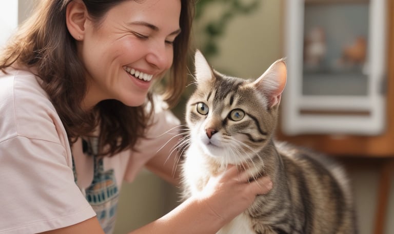 A smiling resident interacting with a playful kitten from Katies Cat Rescue in a bright, welcoming area.