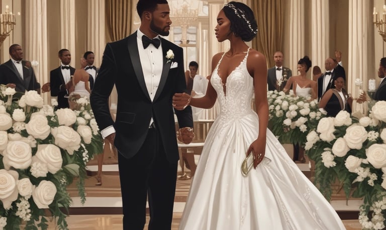 An opulent wedding ceremony setup with white drapery, pink and mauve floral arches, and golden accents.