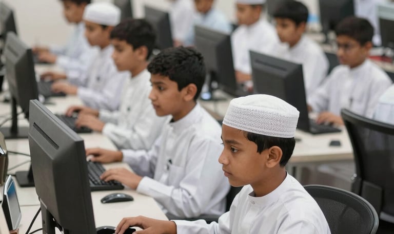 Interior view of a serene library with wooden shelves filled with books and comfortable reading areas.