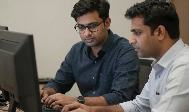 A team of IT professionals collaborating over laptops in a modern office.