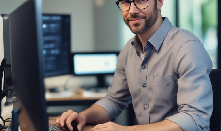 Close-up of hands typing on a laptop with code and charts on screen.