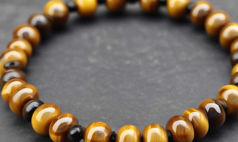 A vibrant jasper bracelet displayed on a flowery beige fabric with shell-like containers nearby.