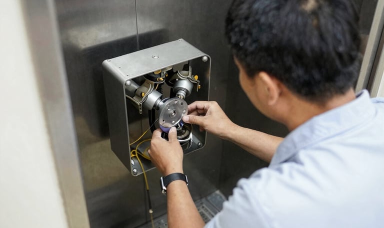 A technician performing routine maintenance on an elevator control panel.