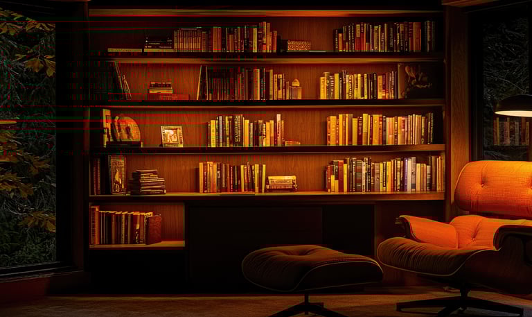 Bookshelves representing publishing for authors and estates at an independent press.