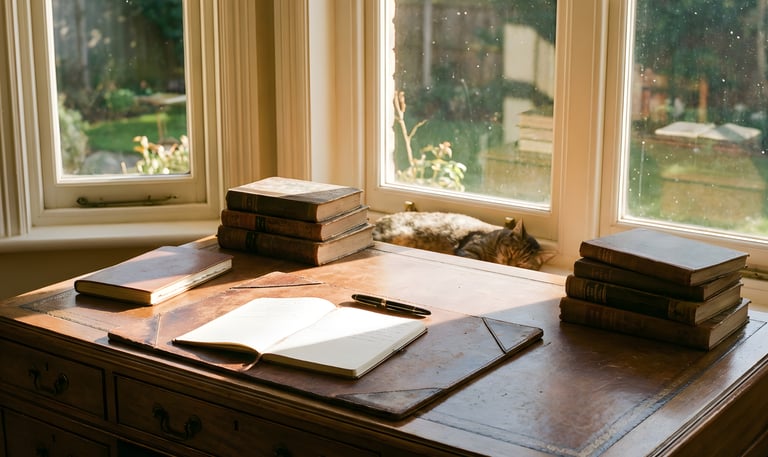 Archival writing desk and manuscripts representing literary translation and cultural preservation.