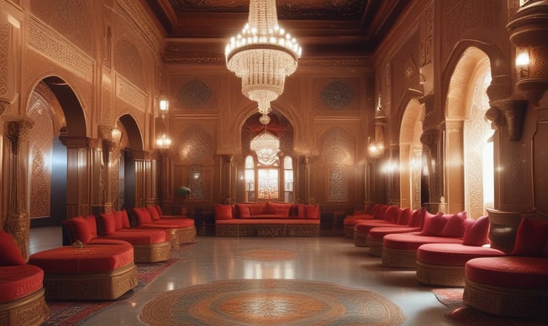 A lively wedding celebration with musicians playing traditional Middle Eastern instruments under warm lighting.