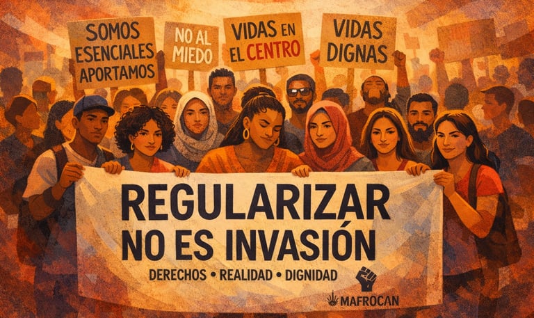 personas racializadas y migrantes susteniendo un cartel de la regularización en España