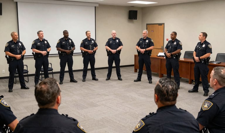 Police commanders discussing strategy around a conference table.