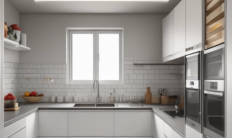 A bright living room featuring sleek modular sofas and built-in shelving units.