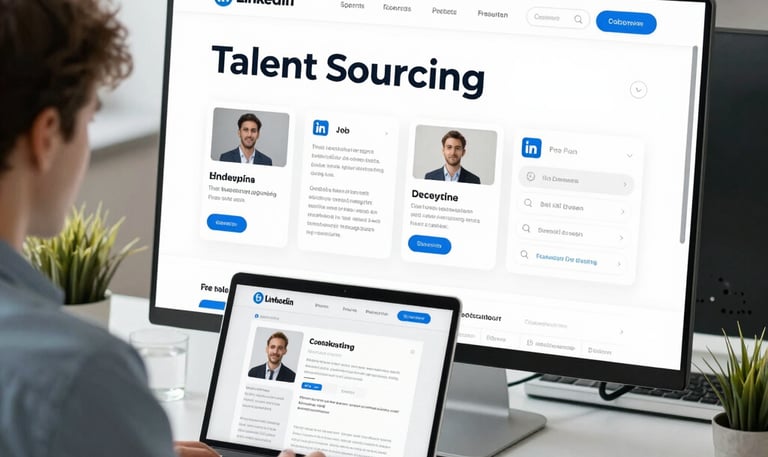 A recruiter reviewing resumes on a laptop with a focused expression.