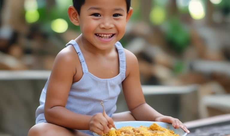 Children happily eating fortified rice meals in a Philippine school.
