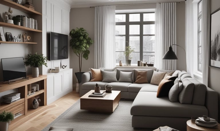 A sleek living room with neutral tones, clean lines, and minimal decor accents.