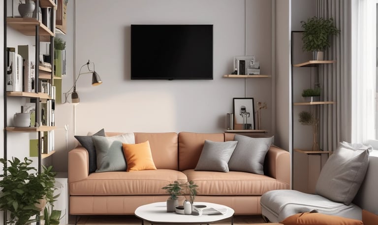 A bright, airy living room featuring sleek, minimal furniture in soft neutral tones.