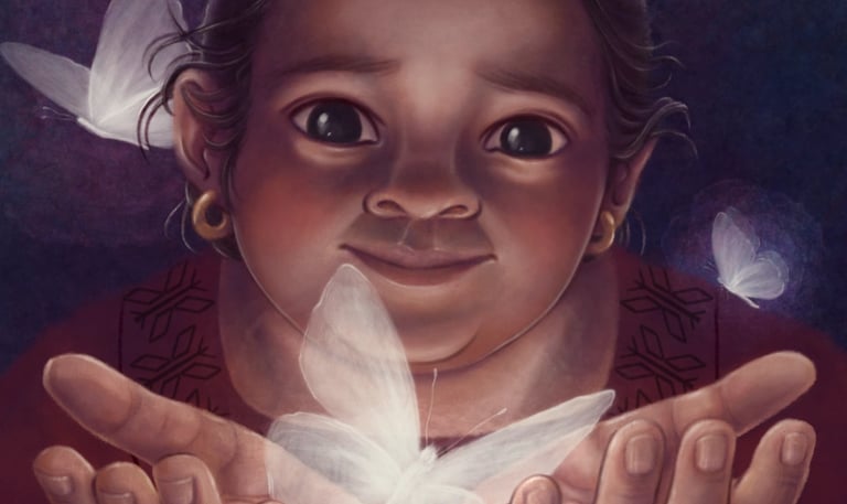 niña con las manos abiertas que suelta mariposas fondo azul