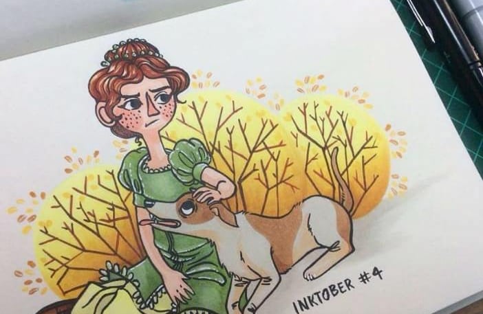libro con una ilustracio en acuarela con una niña y un perro sentados en naturaleza