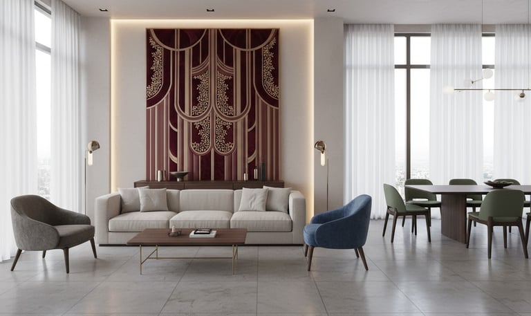 Elegant living room interior with custom modular furniture and decorative wall panel - Amuk Modular 