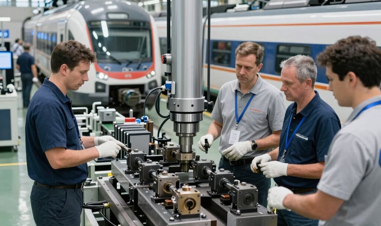 An engineering team analyzing complex railway system blueprints in a modern industrial workspace with metallic surfaces and advanced digital tools.