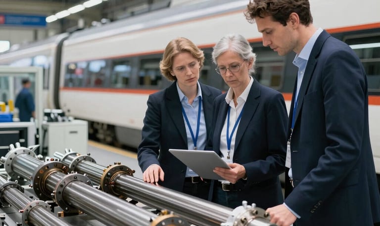 Close-up of a sleek, modern tram undergoing precision modernization work within a high-tech facility.