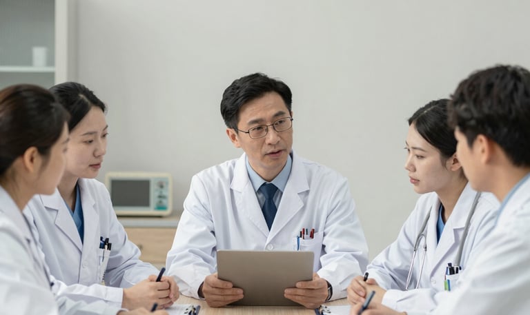 Construction workers repairing a damaged building exterior under clear skies.