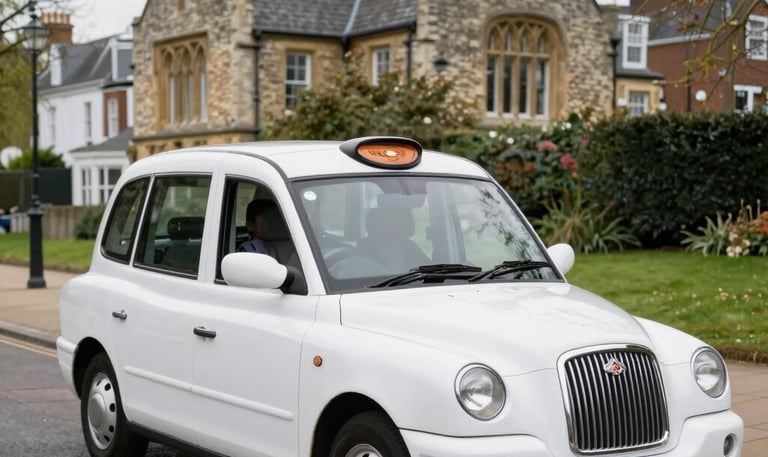 A spacious taxi parked near a cruise terminal with luggage loaded and a family ready to board.