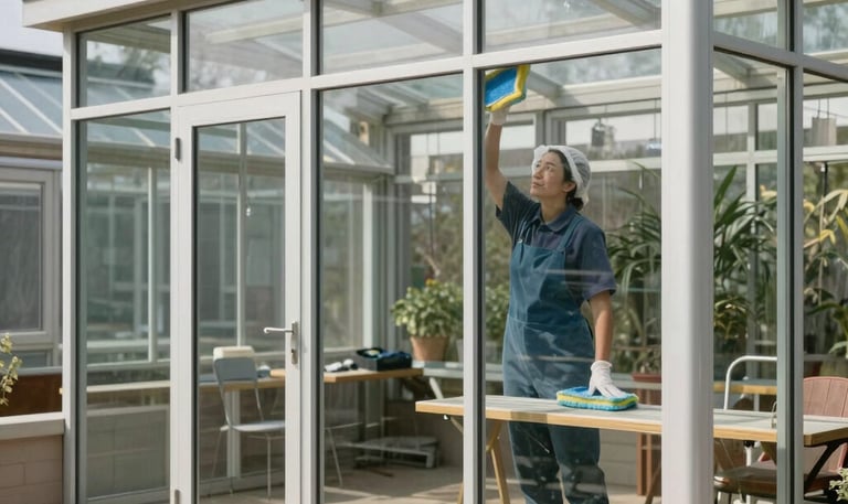 Close-up of spotless, reflective windows with clean frames on a modern building.