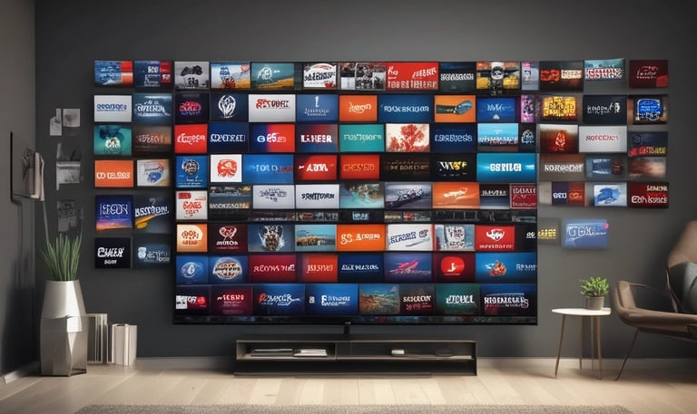 A modern TV setup showing a variety of popular channels on the screen.