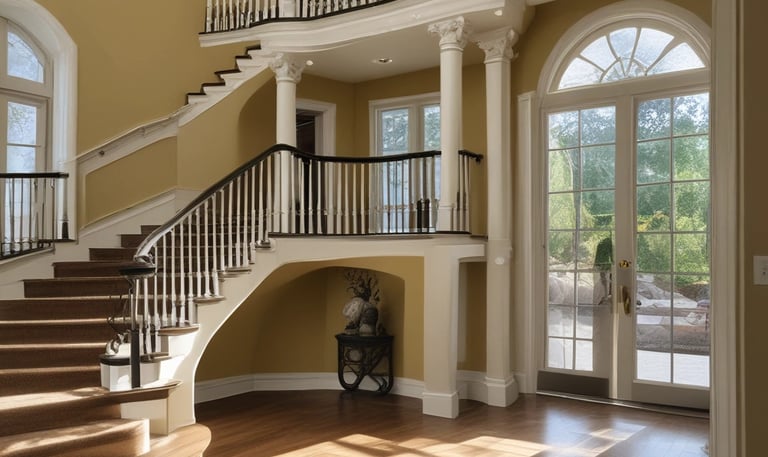A freshly painted modern office building with bright red and white accents.