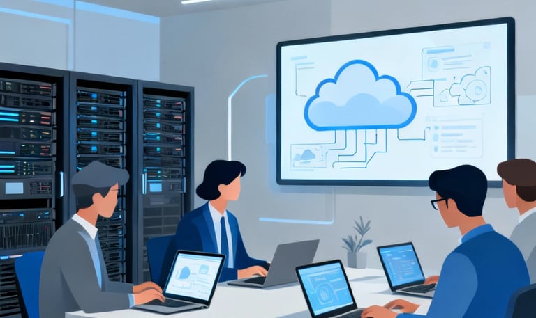 a group of people sitting at a table with laptops with cloud