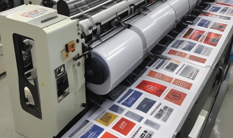 Rolls of transparent plastic film stacked in a warehouse, some showing colorful printed designs.