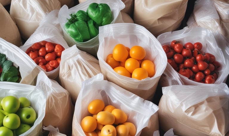 Rolls of transparent plastic film stacked in a warehouse, some showing colorful printed designs.