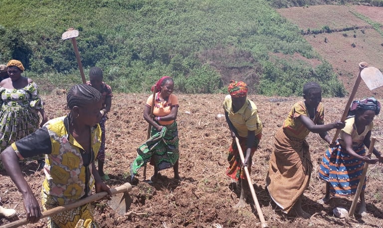 Les agricultrices travaillant la terre avec une houe chacune