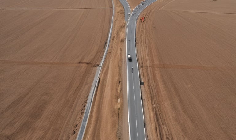 A fleet of trucks lined up outside a large industrial factory ready for shipment.
