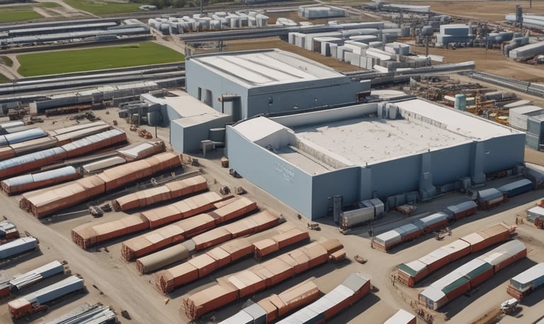 A large industrial truck loaded with heavy machinery on a factory site.