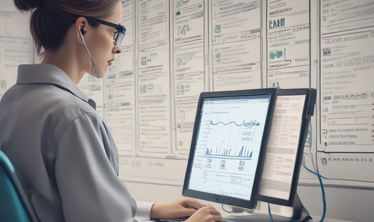 A student carefully coding patient charts on a computer in a bright training room.