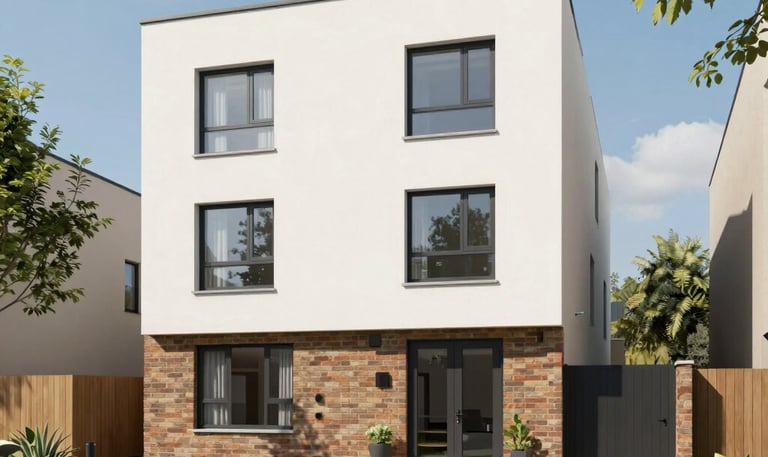 Aerial view of a stylish new housing development surrounded by green spaces and city access.